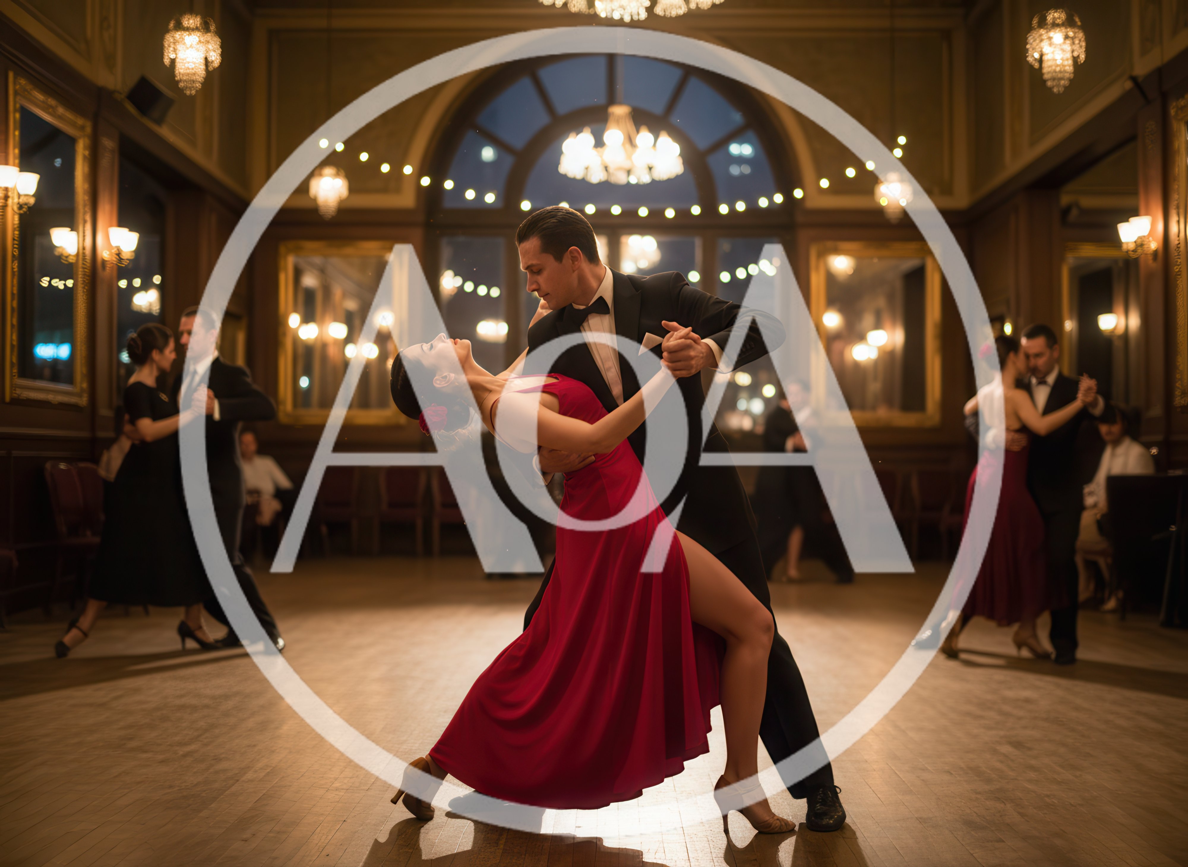Elegant Couple Performing Tango in a Grand Ballroom