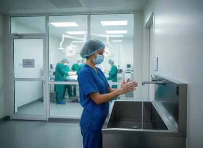 Surgeon Scrubbing Hands Before Surgery In Hospital