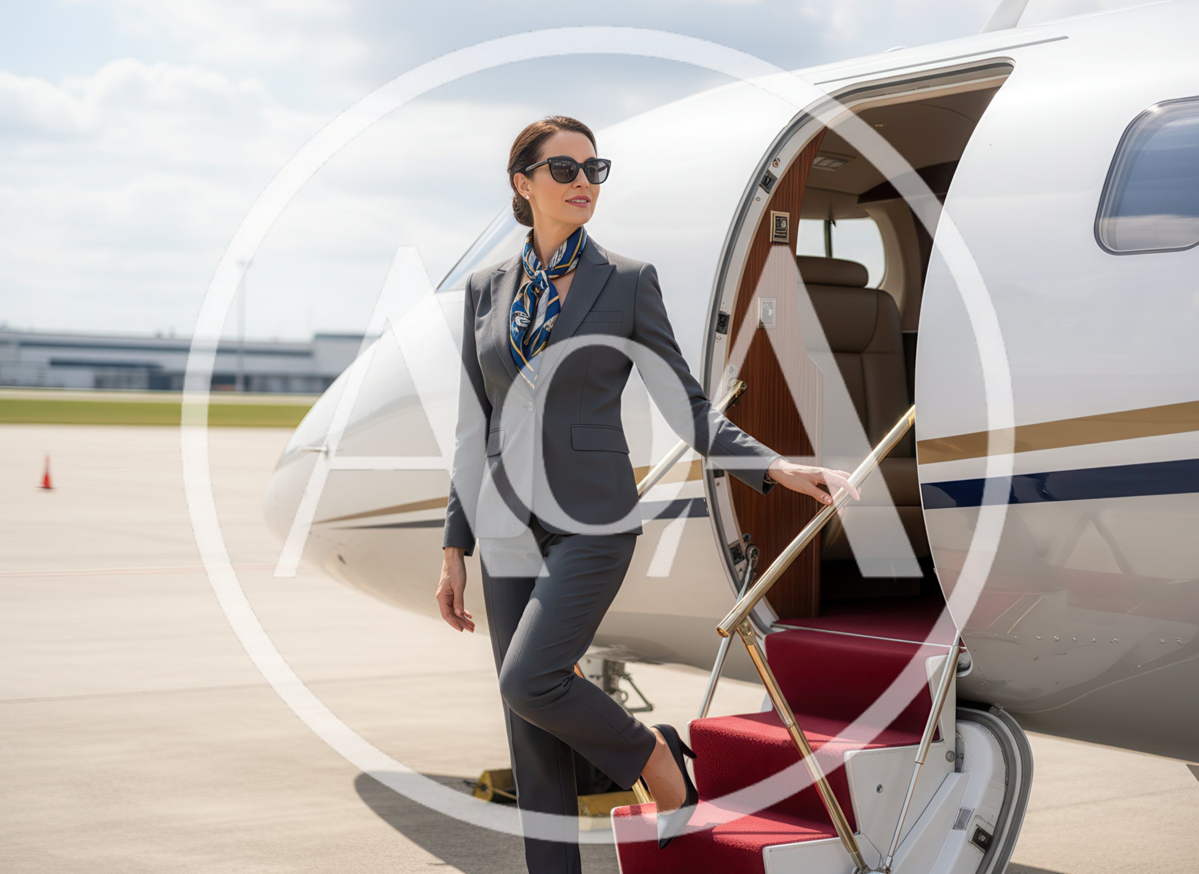 Professional Flight Attendant Exiting A Private Jet