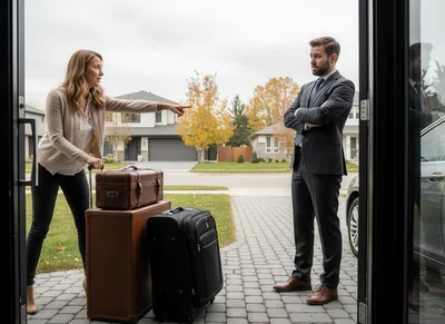 Woman Leaving Home With Luggage During Argument