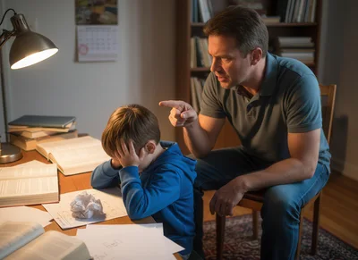 Father Scolding Young Son During Homework Session