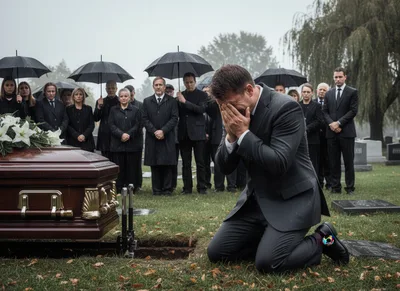 Grieving Man Kneeling Before Coffin At Rainy Funeral