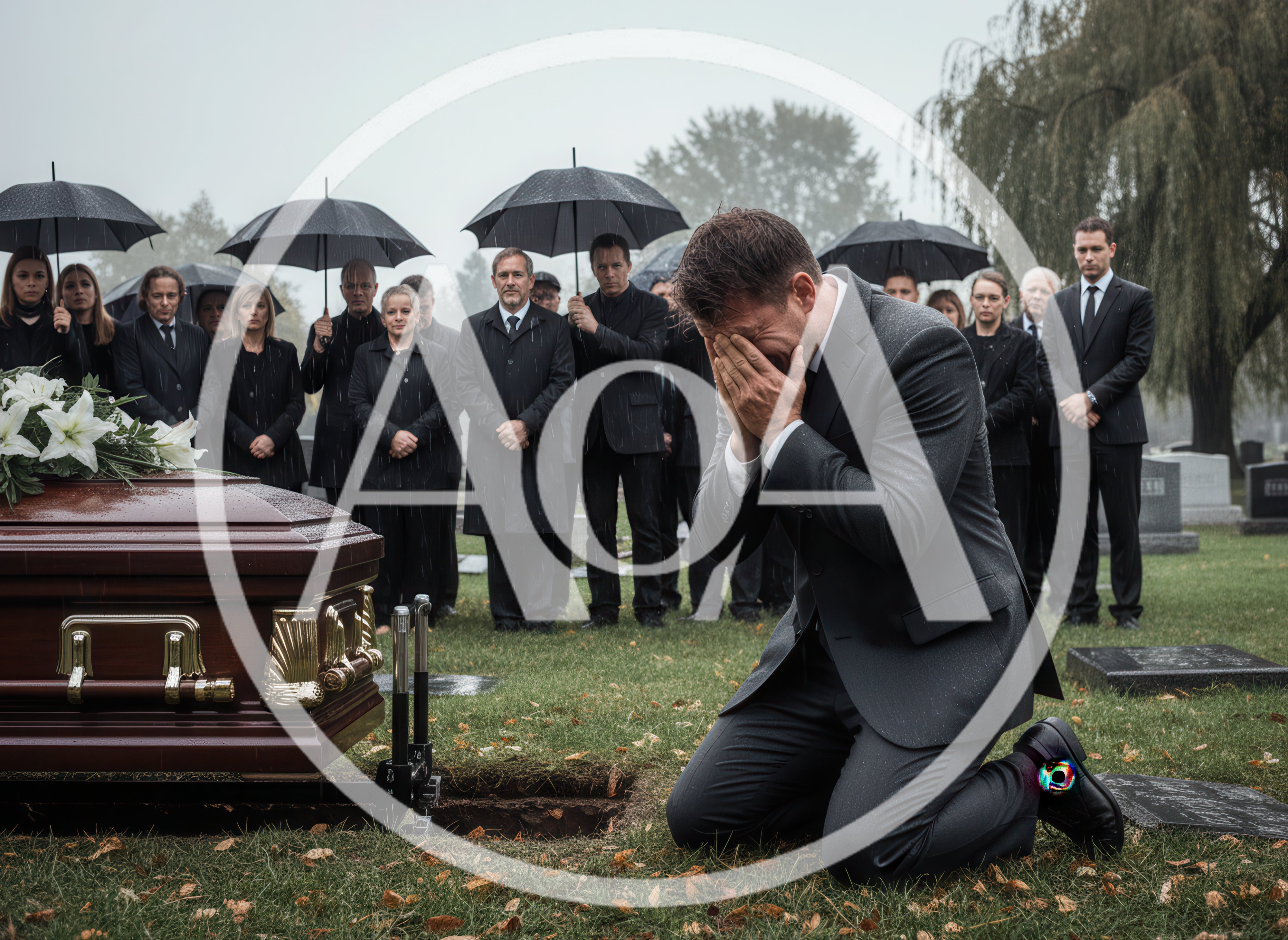 Grieving Man Kneeling Before Coffin At Rainy Funeral