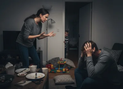 Stressed Couple Arguing In Living Room With Child Watching