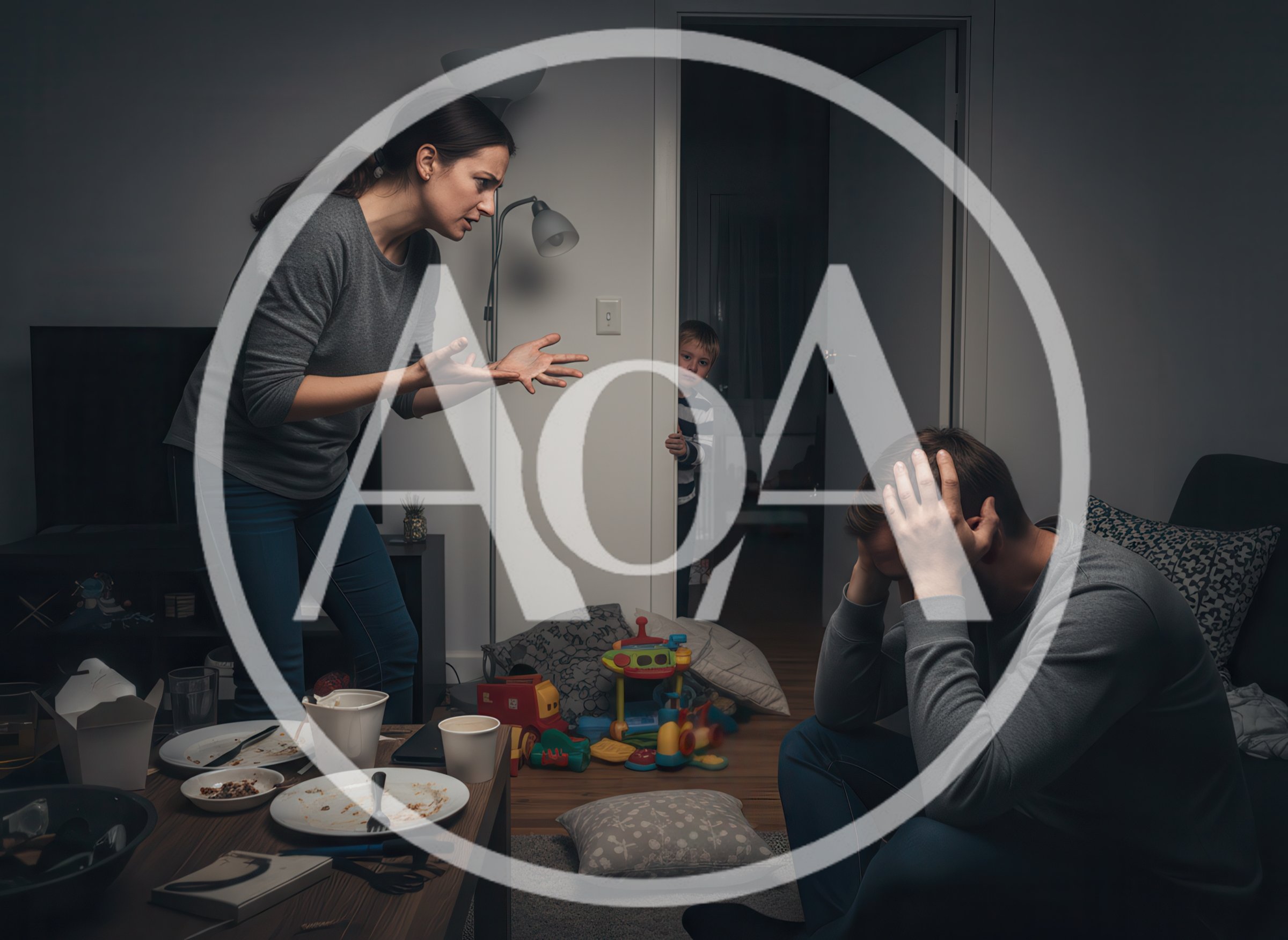 Stressed Couple Arguing In Living Room With Child Watching