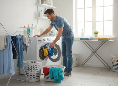 Man Loading Laundry Into Washing Machine
