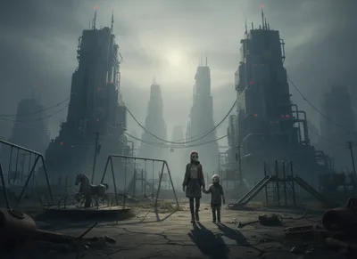 Post-Apocalyptic Mother And Child Walking Through Ruined Playground