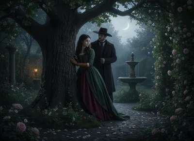Victorian Couple Meeting Secretly In A Moonlit Garden