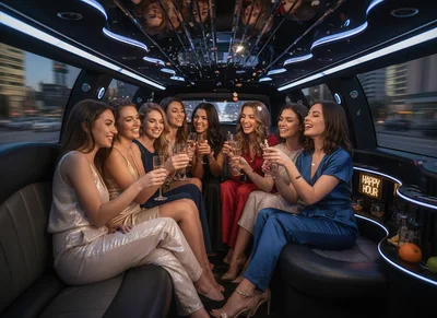 Group of Women Celebrating in a Luxury Limousine