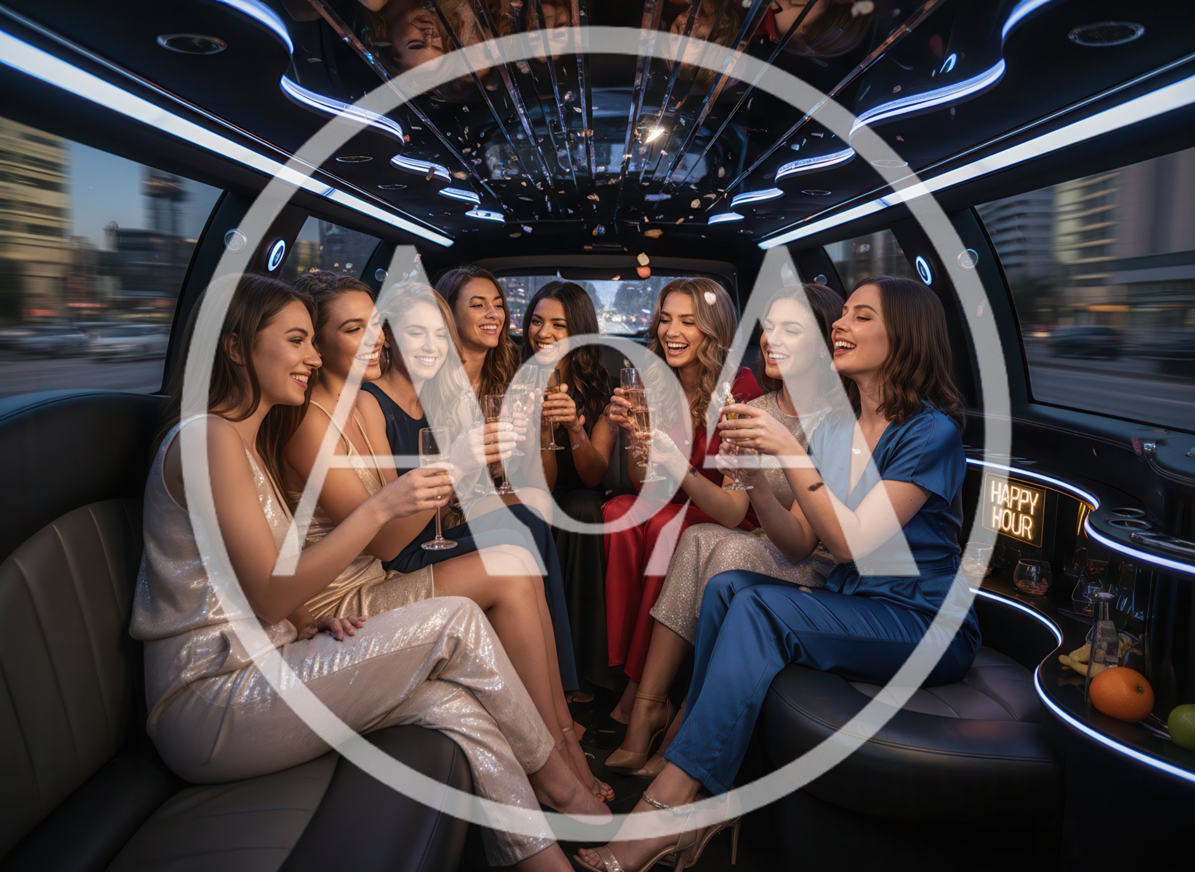Group of Women Celebrating in a Luxury Limousine