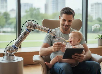 Father Feeding Baby With Robotic Arm Assistant
