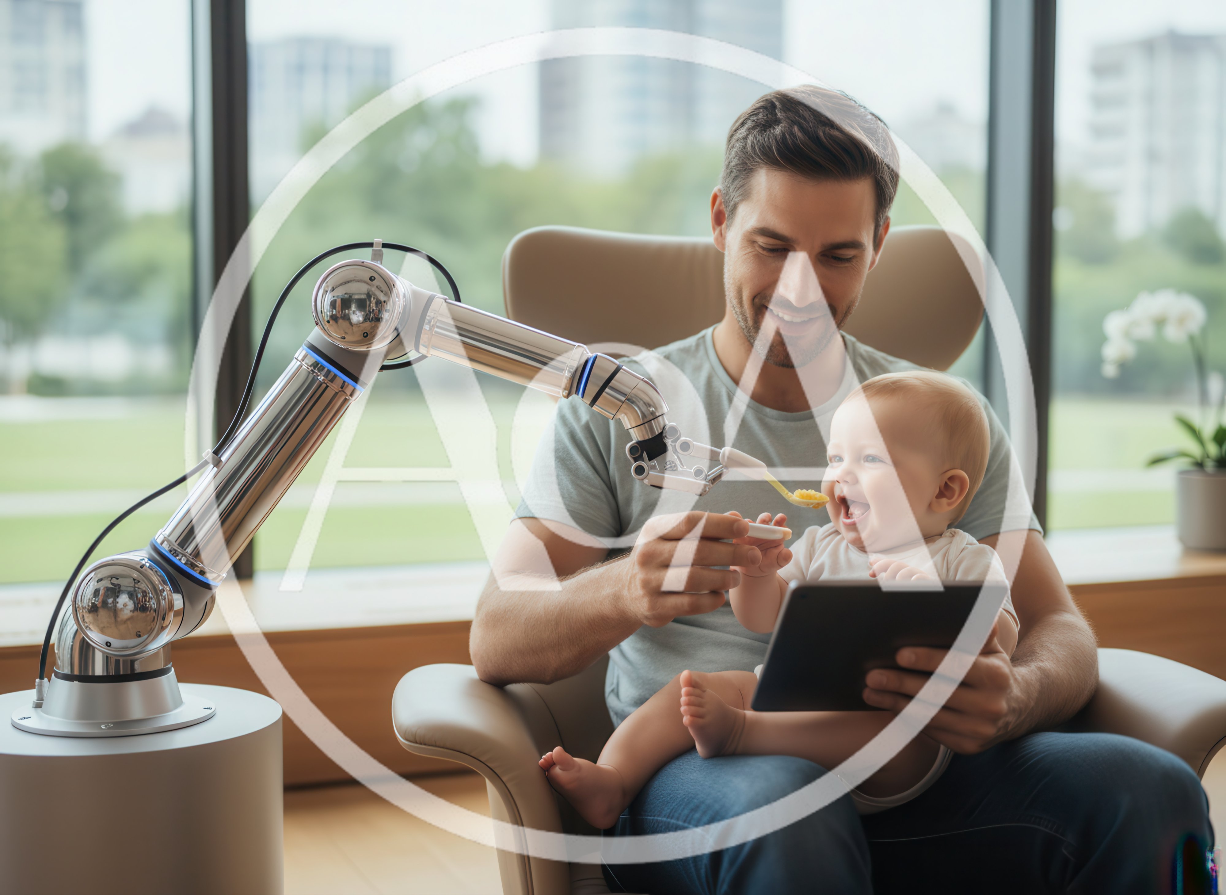 Father Feeding Baby With Robotic Arm Assistant