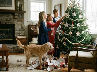 Children Decorating Christmas Tree With Dog