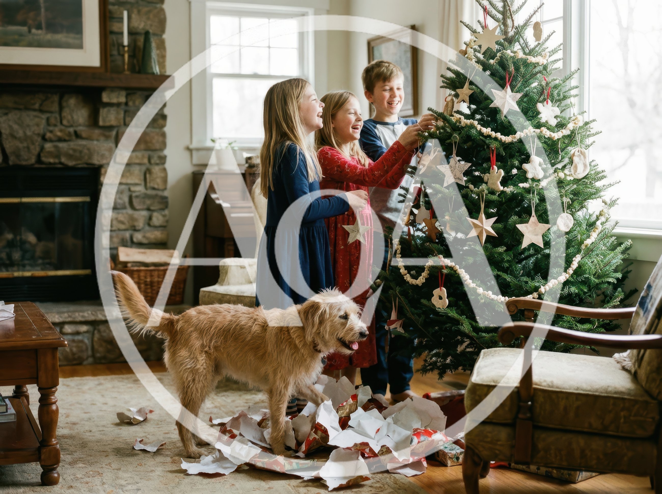 Children Decorating Christmas Tree With Dog