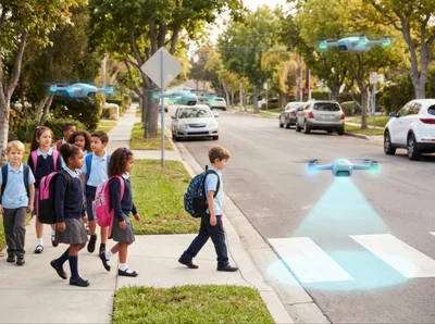School Children Walking Safely With Surveillance Drones