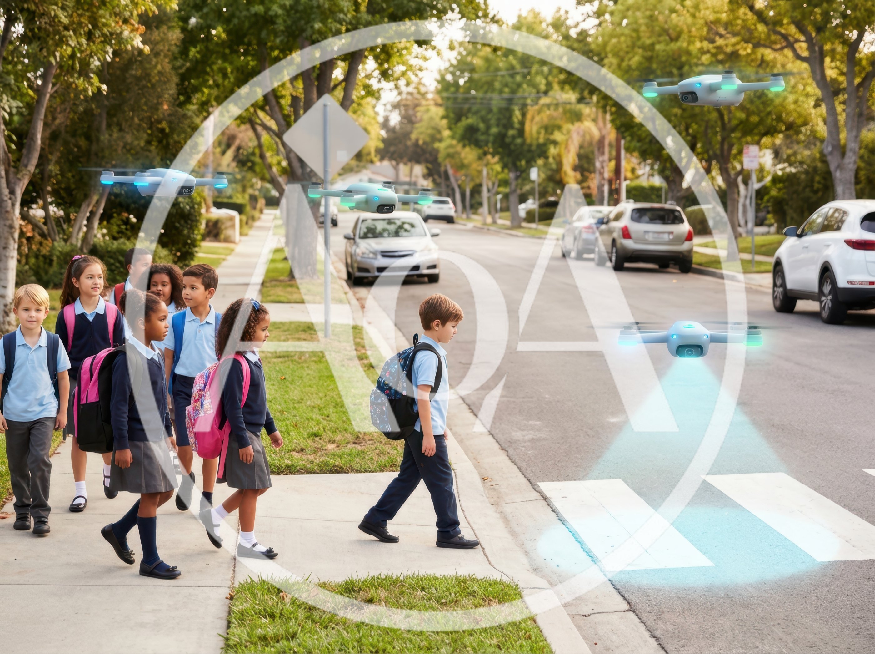 School Children Walking Safely With Surveillance Drones