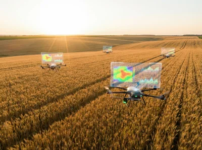 Agricultural Drones Monitoring Wheat Field With Data Overlays