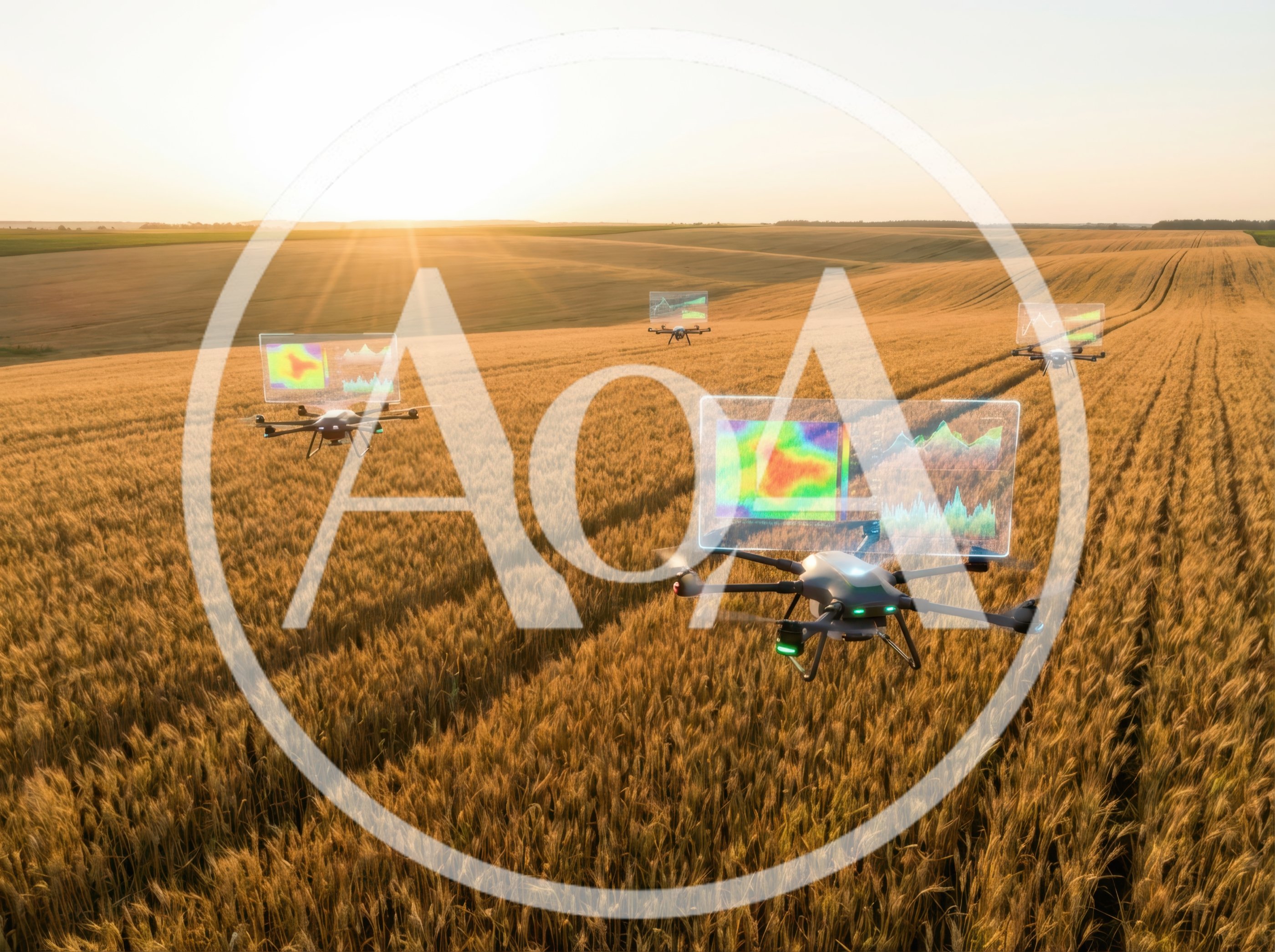 Agricultural Drones Monitoring Wheat Field With Data Overlays