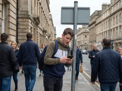 Young Man Using Smartphone on Busy City Street
