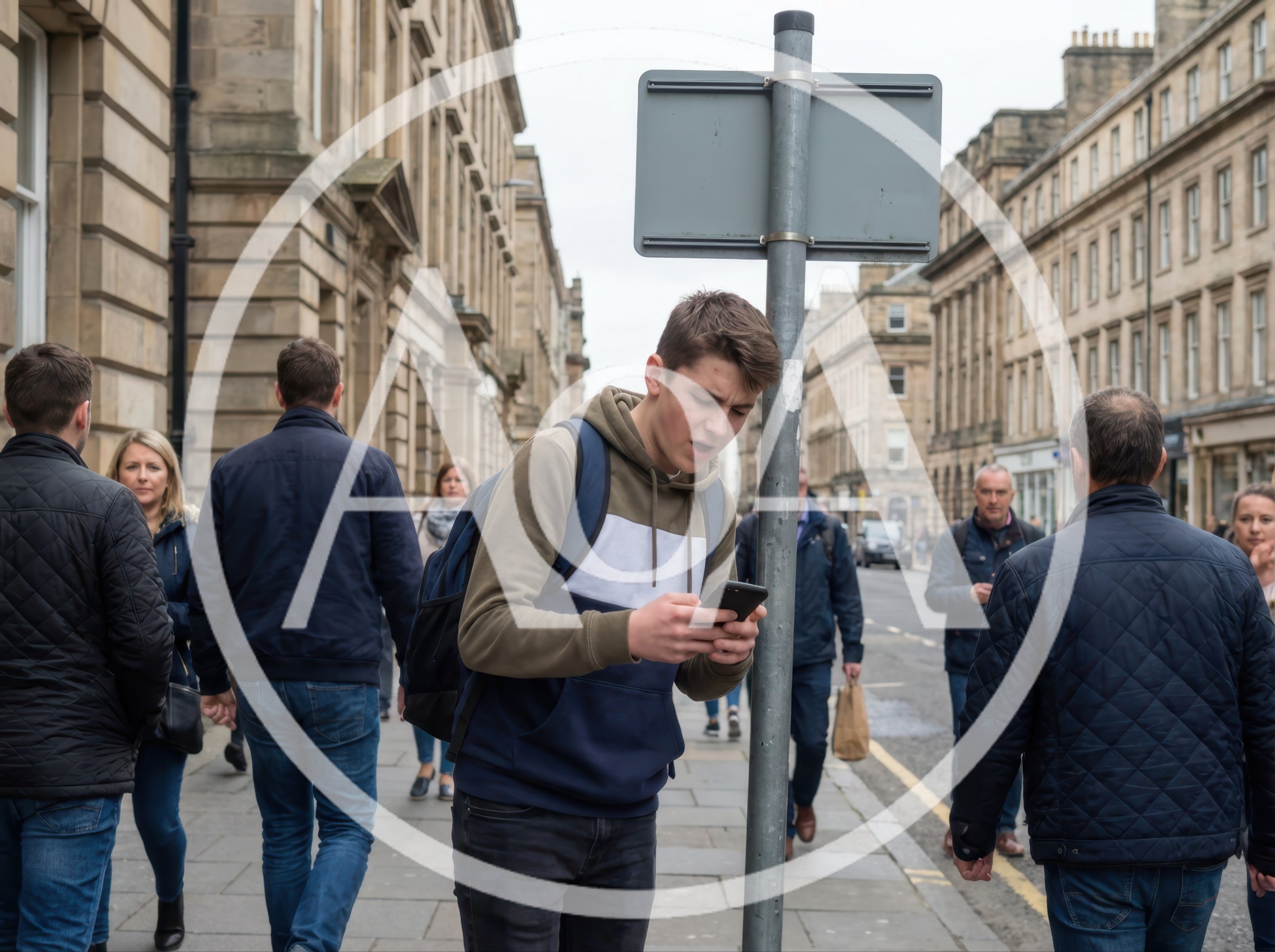 Young Man Using Smartphone on Busy City Street