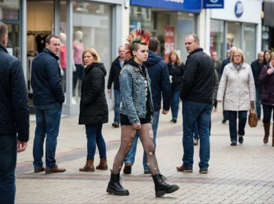 Young Punk Woman Walking Through A Busy City Street