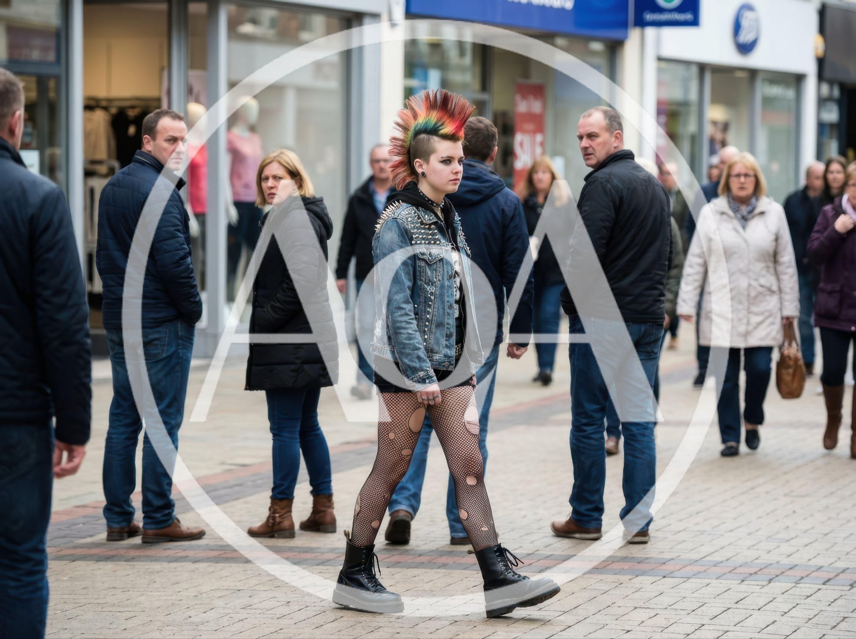 Young Punk Woman Walking Through A Busy City Street