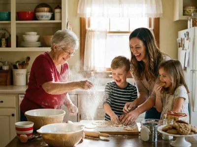 Multigenerational Family Baking Cookies Together in Kitchen