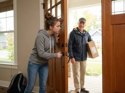 Teenage Girl Opening Front Door for Delivery Driver