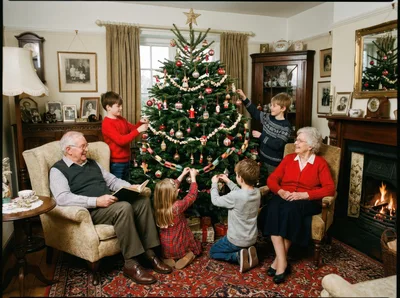 Grandparents And Grandchildren Decorating Christmas Tree Together