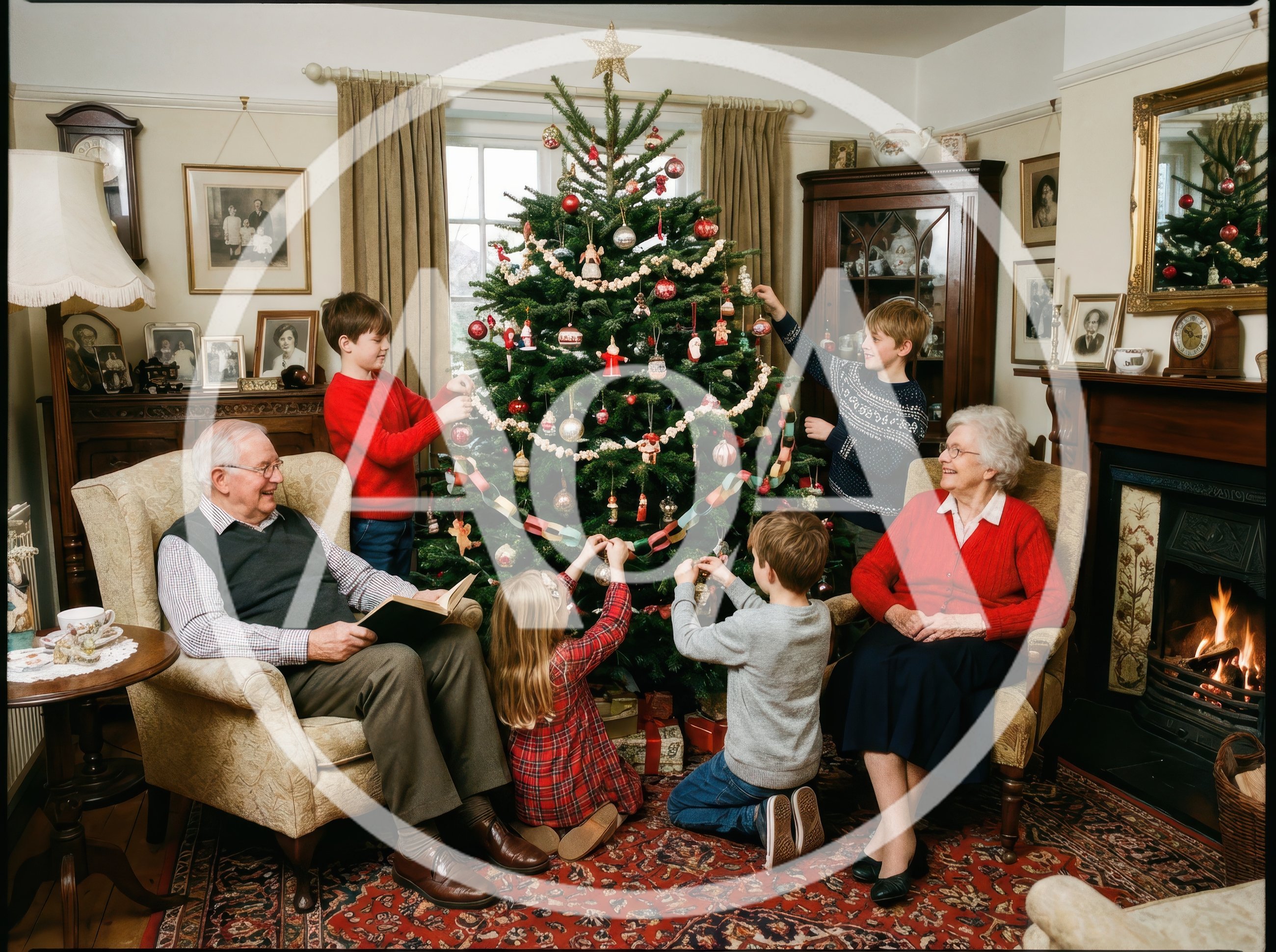 Grandparents And Grandchildren Decorating Christmas Tree Together