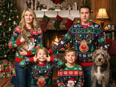 Family Posing In Ugly Christmas Sweaters With Pets