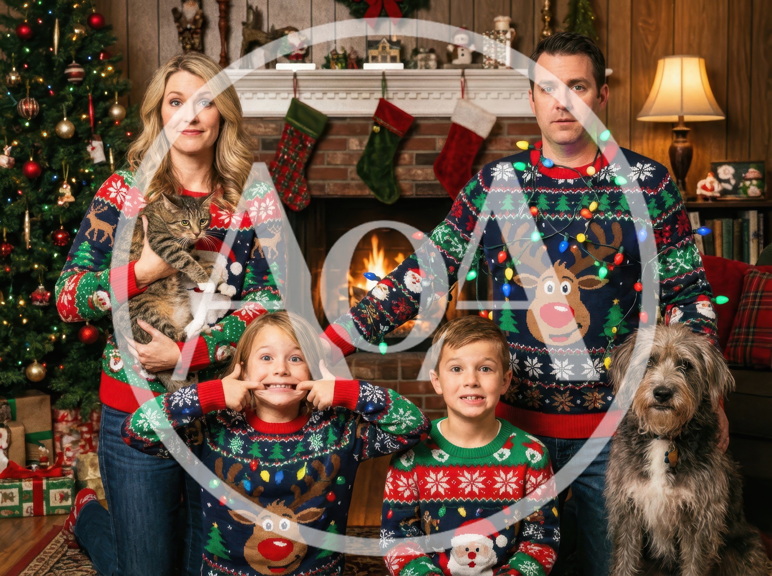 Family Posing In Ugly Christmas Sweaters With Pets