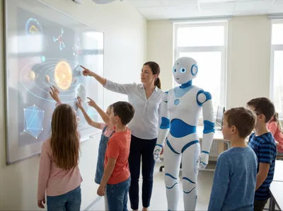 Teacher And Robot Instructing Students In Classroom