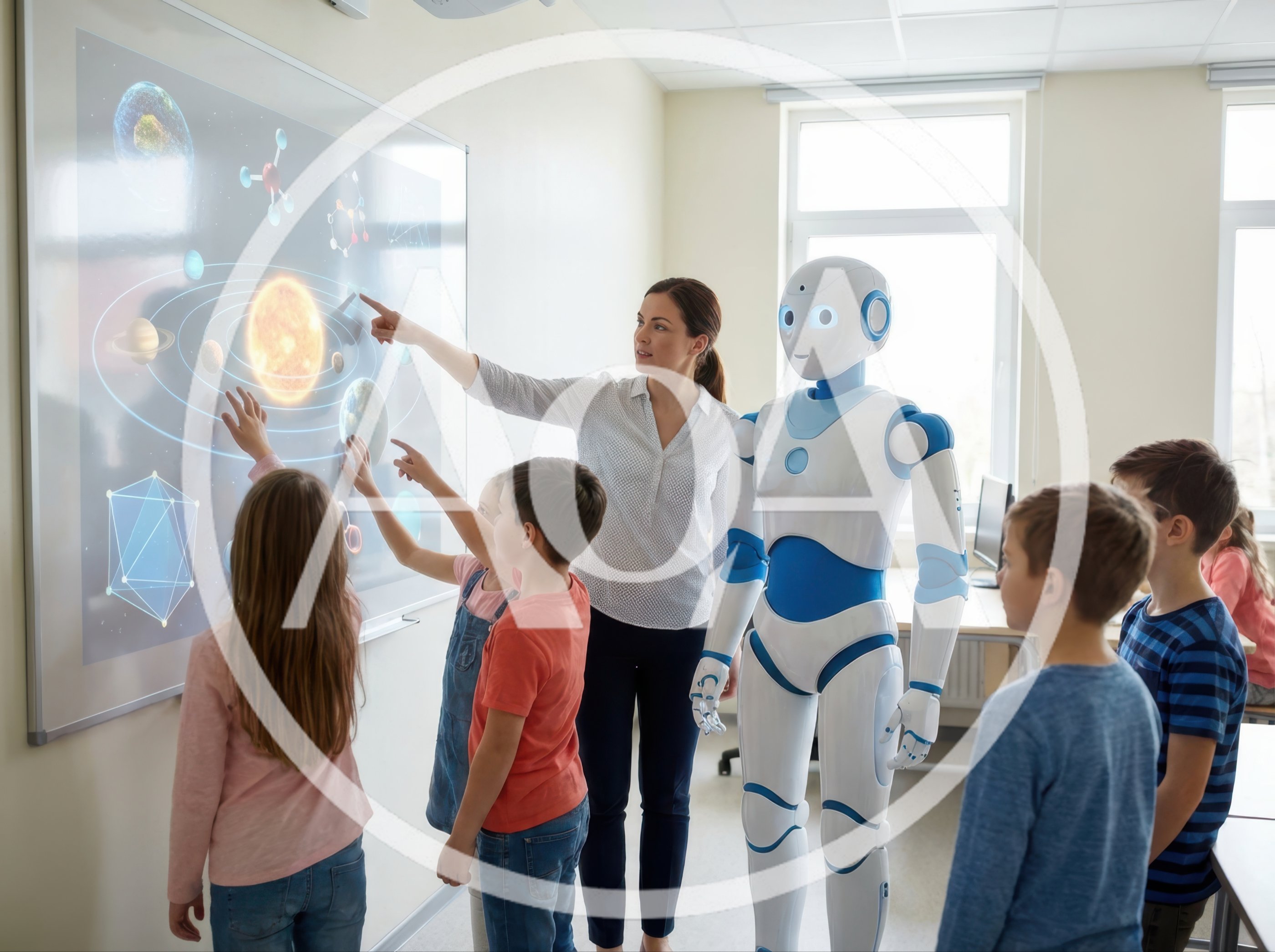 Teacher And Robot Instructing Students In Classroom