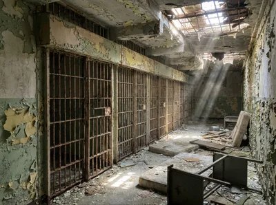 Abandoned Prison Cell Block With Sunlight Beams