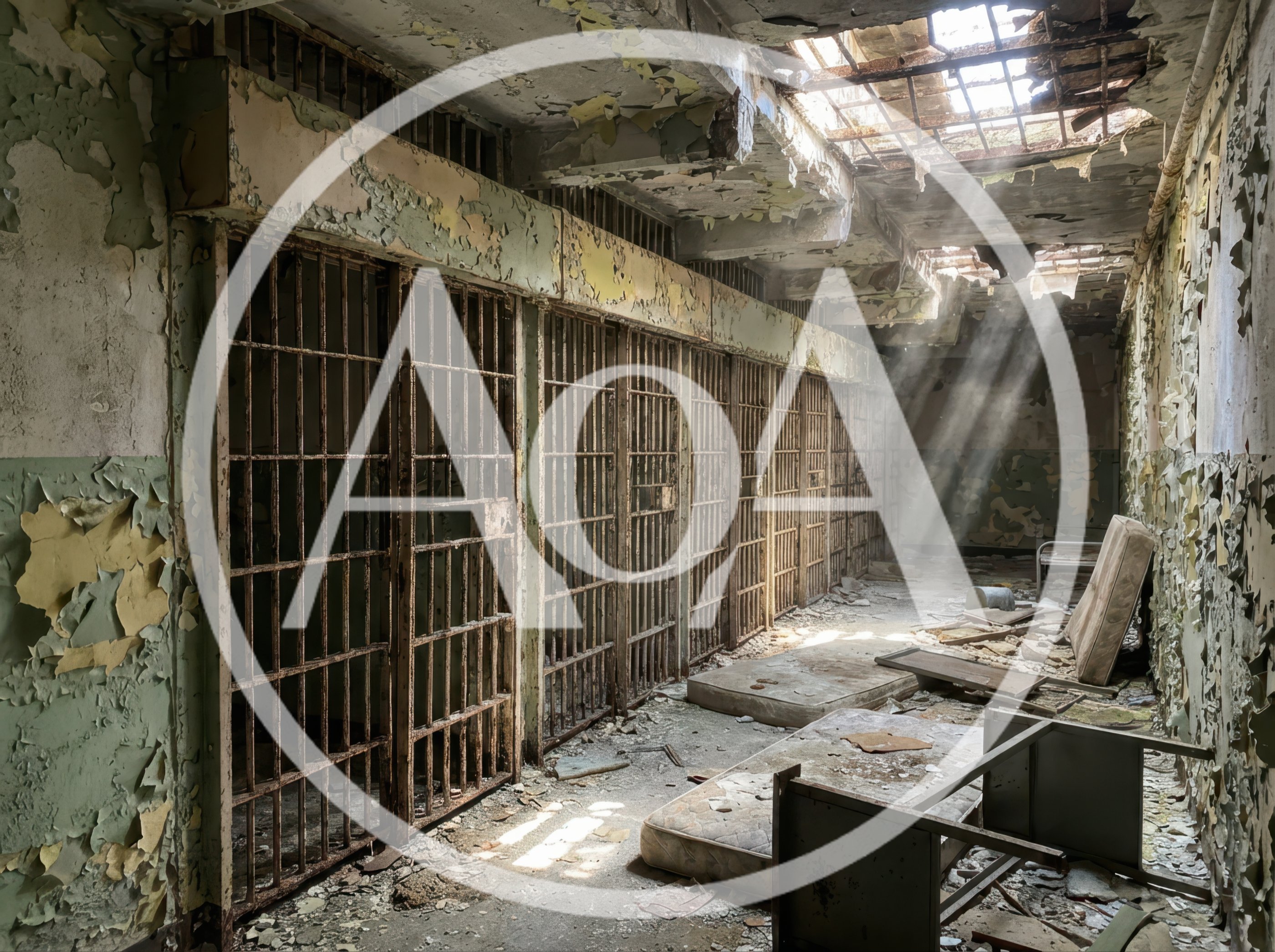 Abandoned Prison Cell Block With Sunlight Beams