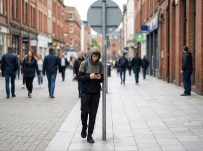 Teenager Using Smartphone While Leaning On Street Sign