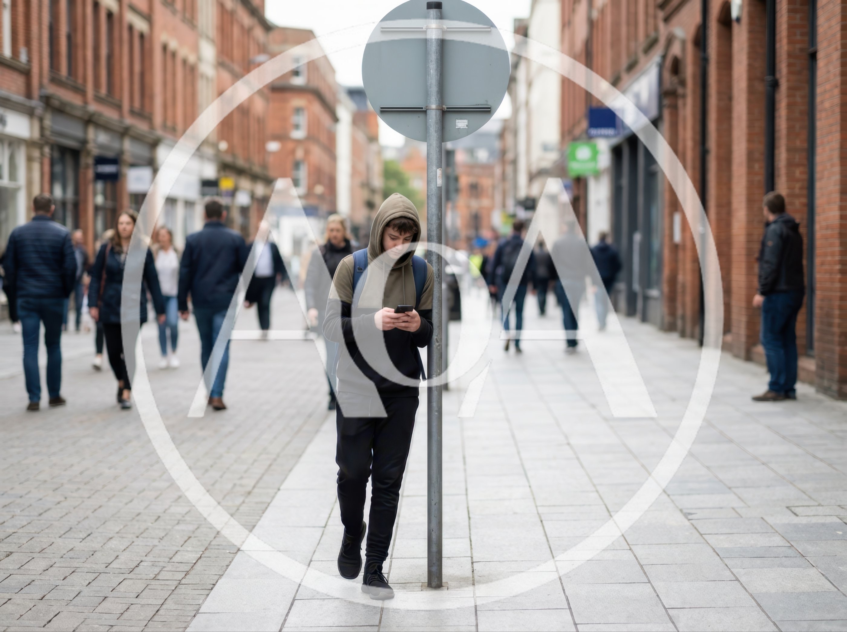 Teenager Using Smartphone While Leaning On Street Sign