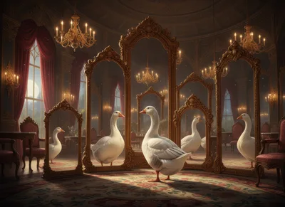 White Goose Standing Among Ornate Antique Mirrors