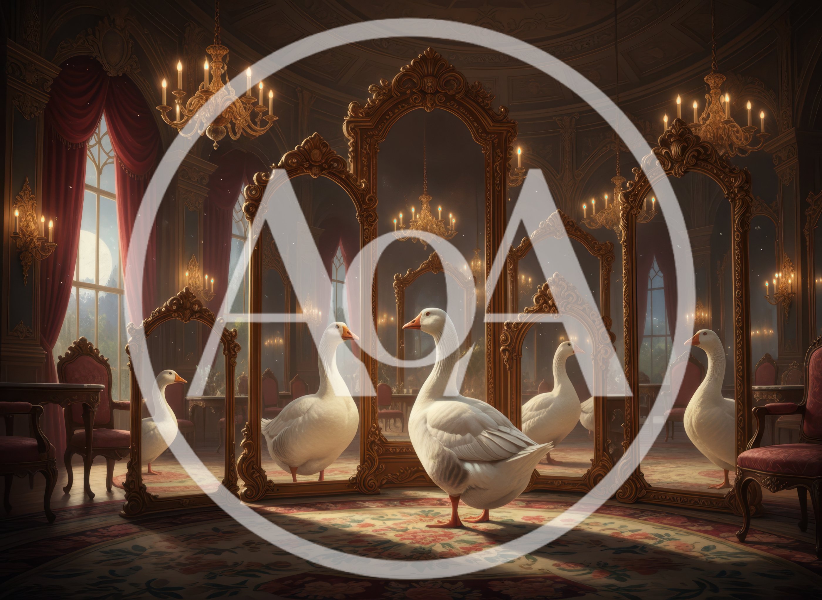 White Goose Standing Among Ornate Antique Mirrors