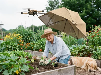 Senior Woman Gardening with Drone Umbrella and Dog