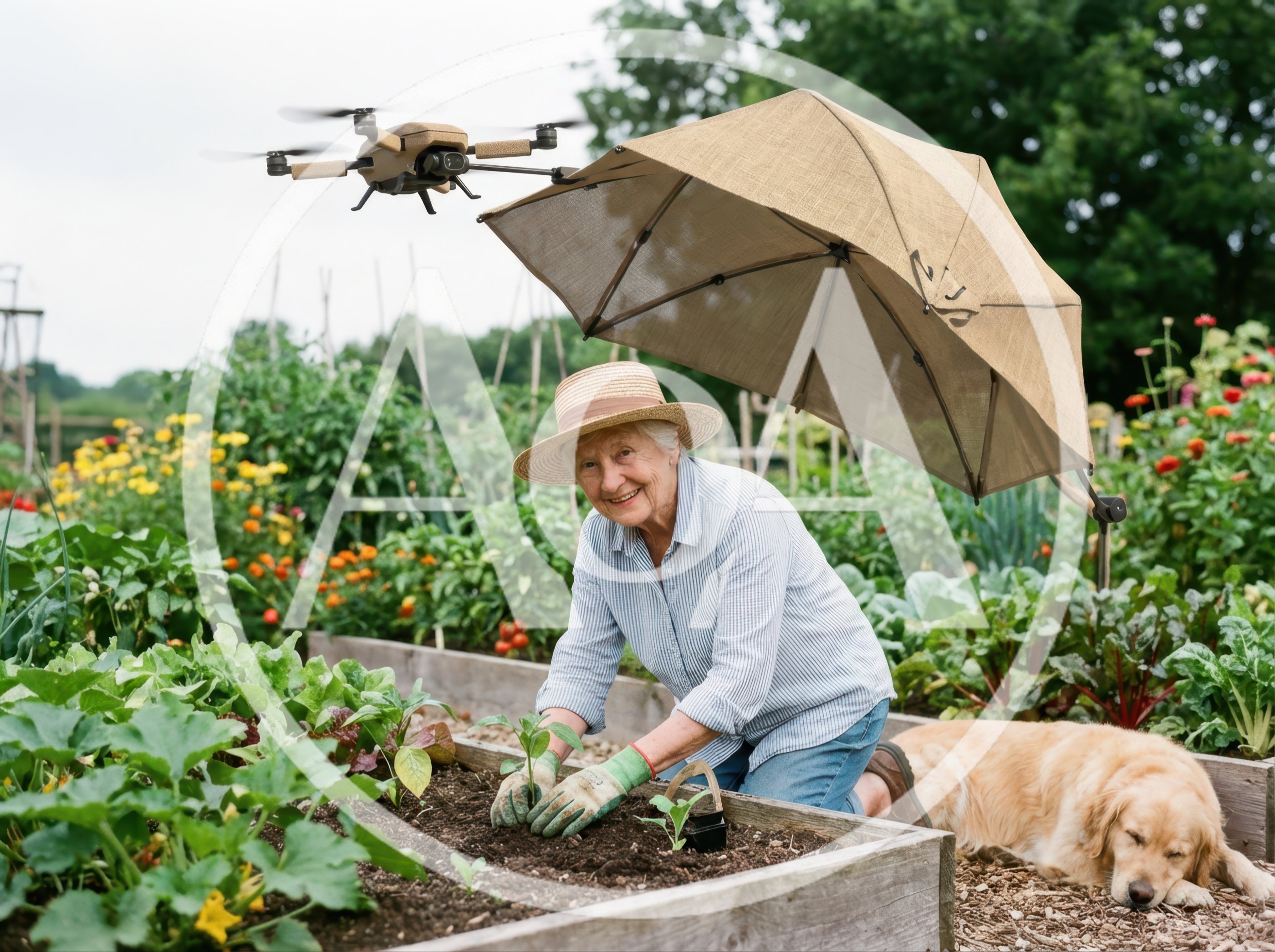 Senior Woman Gardening with Drone Umbrella and Dog