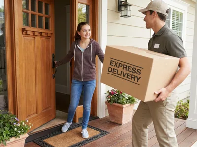 Delivery Driver Handing Package To Young Woman At Door