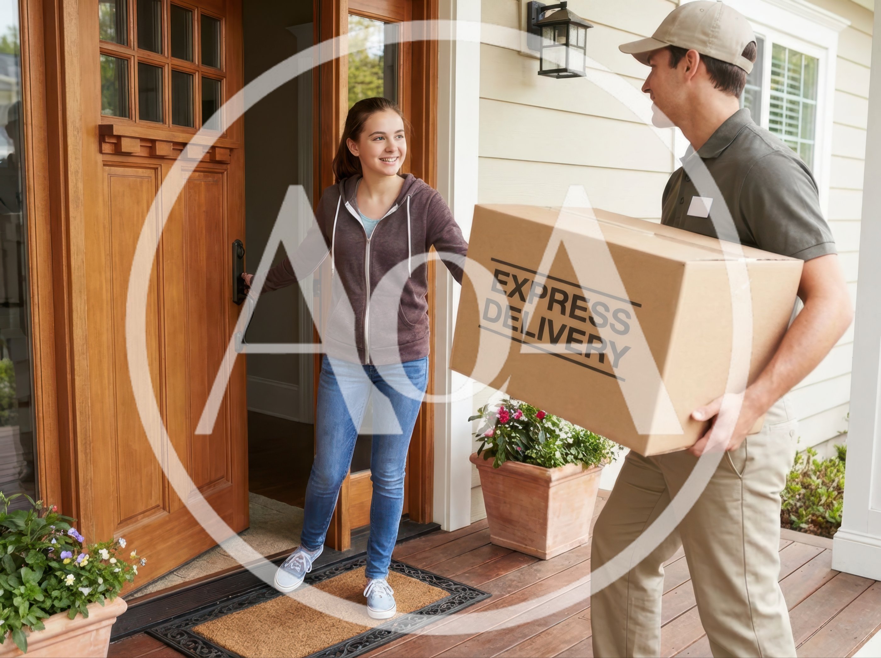 Delivery Driver Handing Package To Young Woman At Door