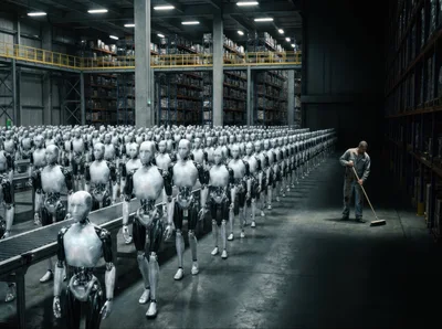 Human Janitor Sweeping Floor Among Rows Of Robots