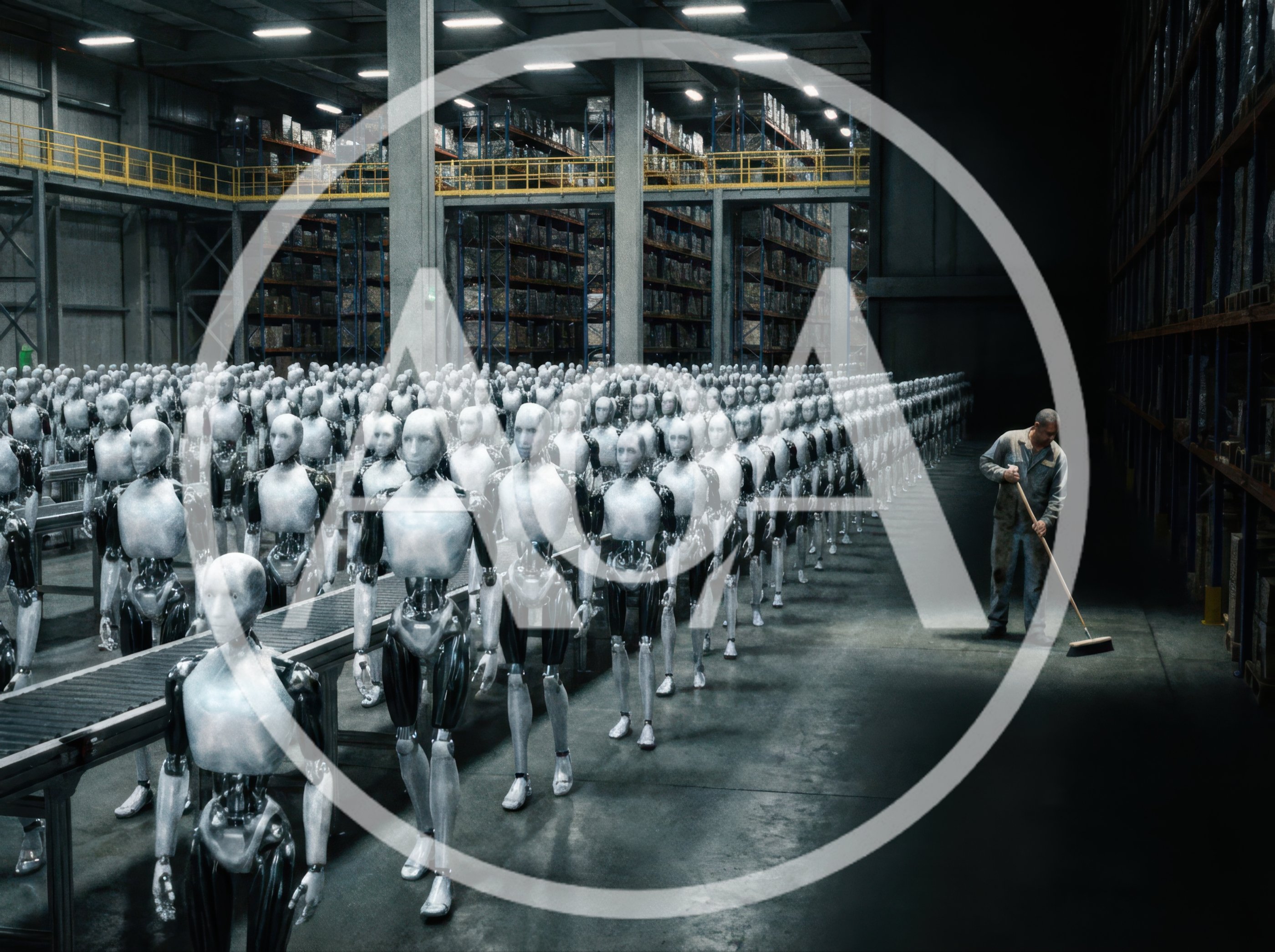 Human Janitor Sweeping Floor Among Rows Of Robots