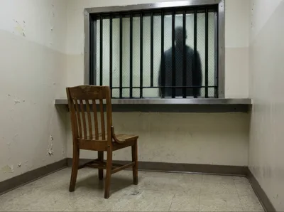 Empty Wooden Chair Facing Prison Visitation Window
