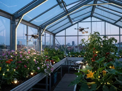 Autonomous Drones Tending Plants In A Modern Greenhouse