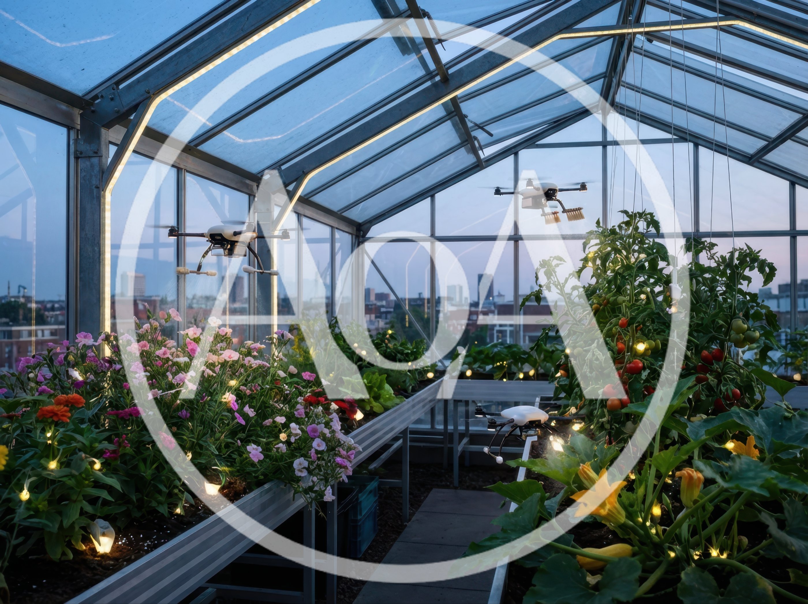 Autonomous Drones Tending Plants In A Modern Greenhouse