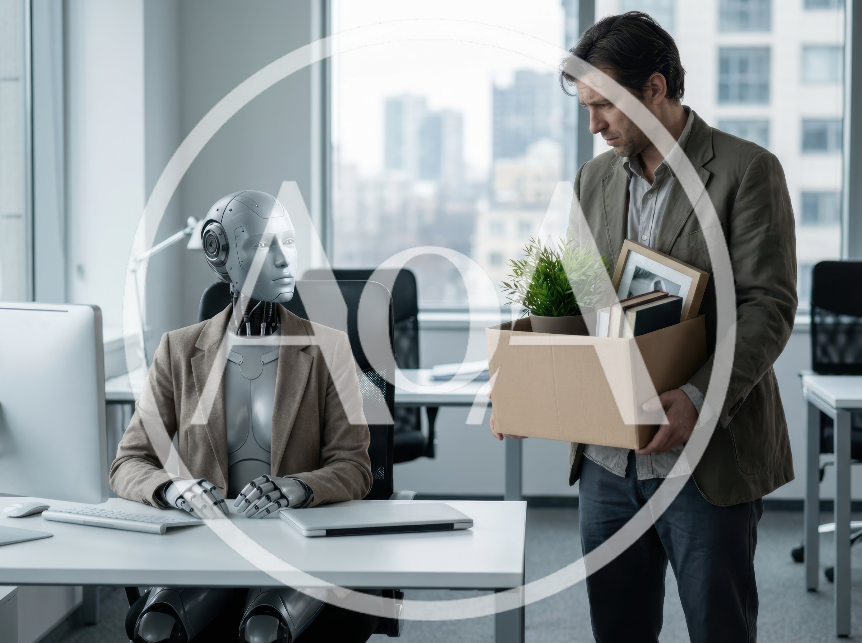 Robot Replacing Human Employee in Modern Office